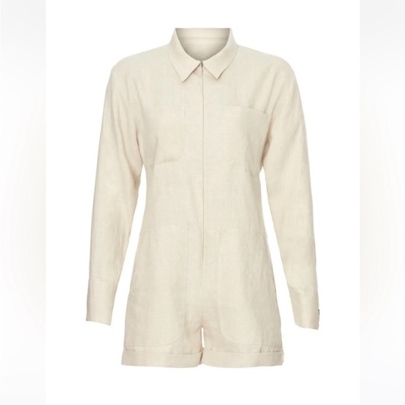 Rivet Utility Linen Romper/Oatmeal Line Beige/long sleeve/ Pocket Front - Picture 8 of 14